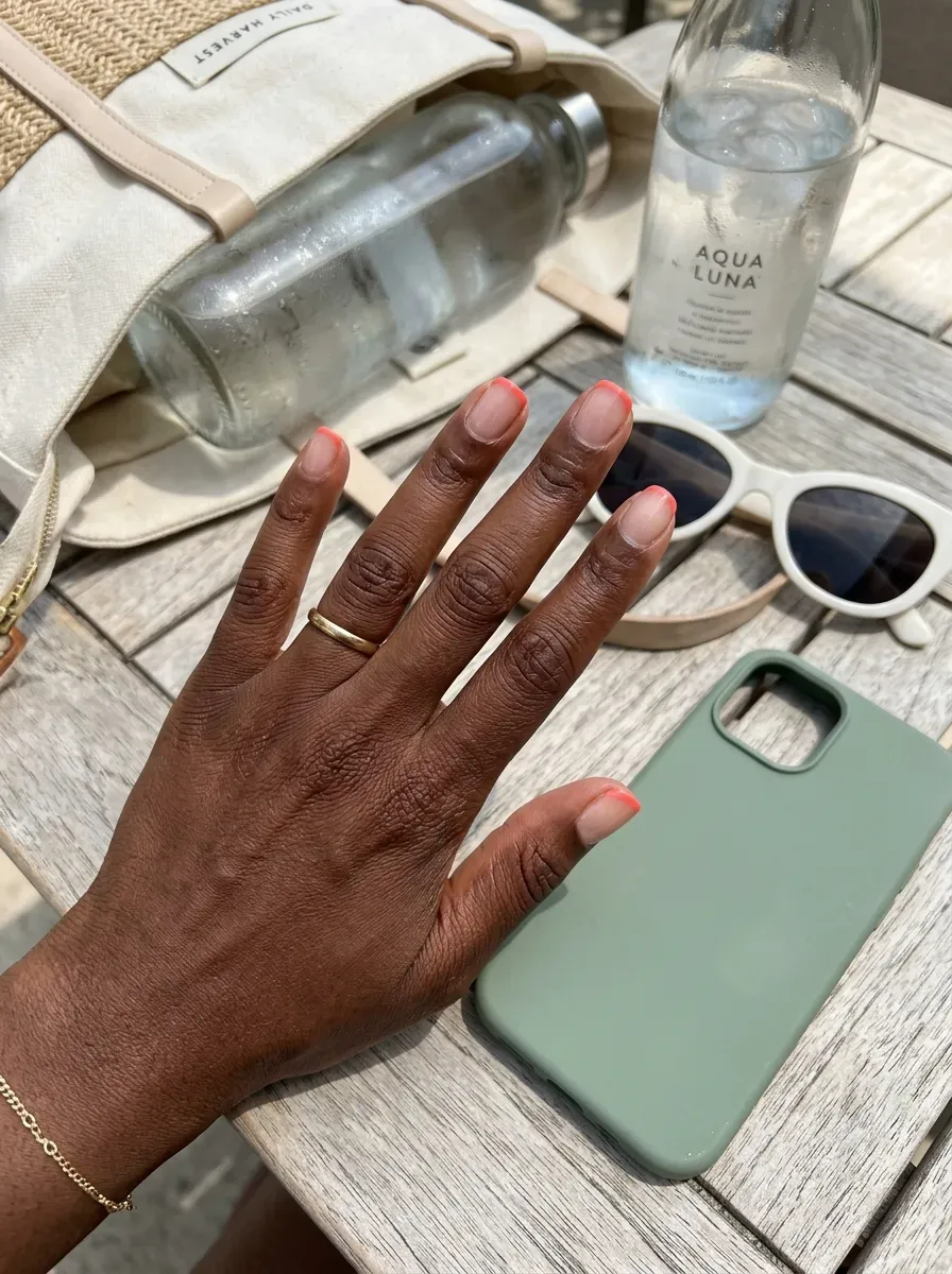 Short nude squoval nails with narrow glossy coral French tips