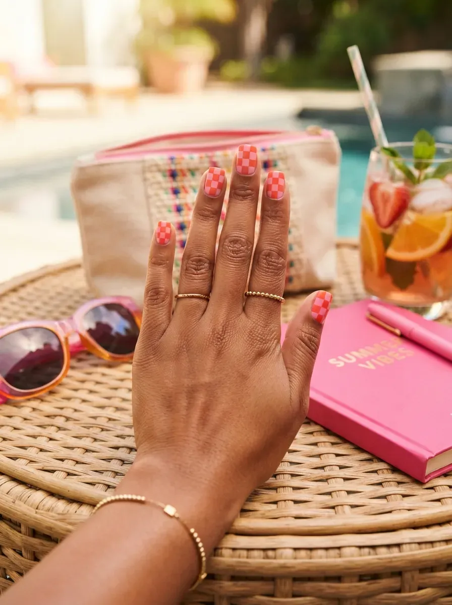 Short square nails with alternating coral and pink checkerboard patterns