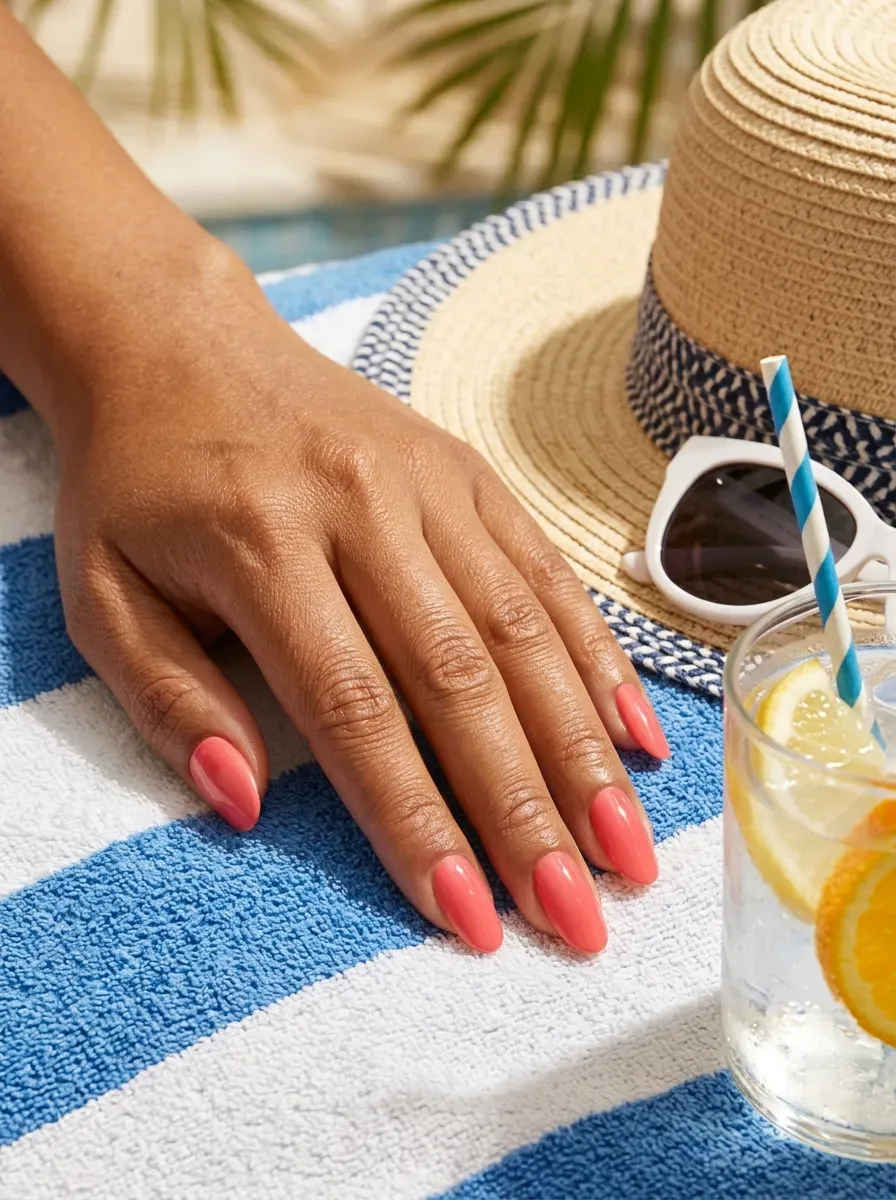 Short oval nails painted glossy coral pink on medium golden skin