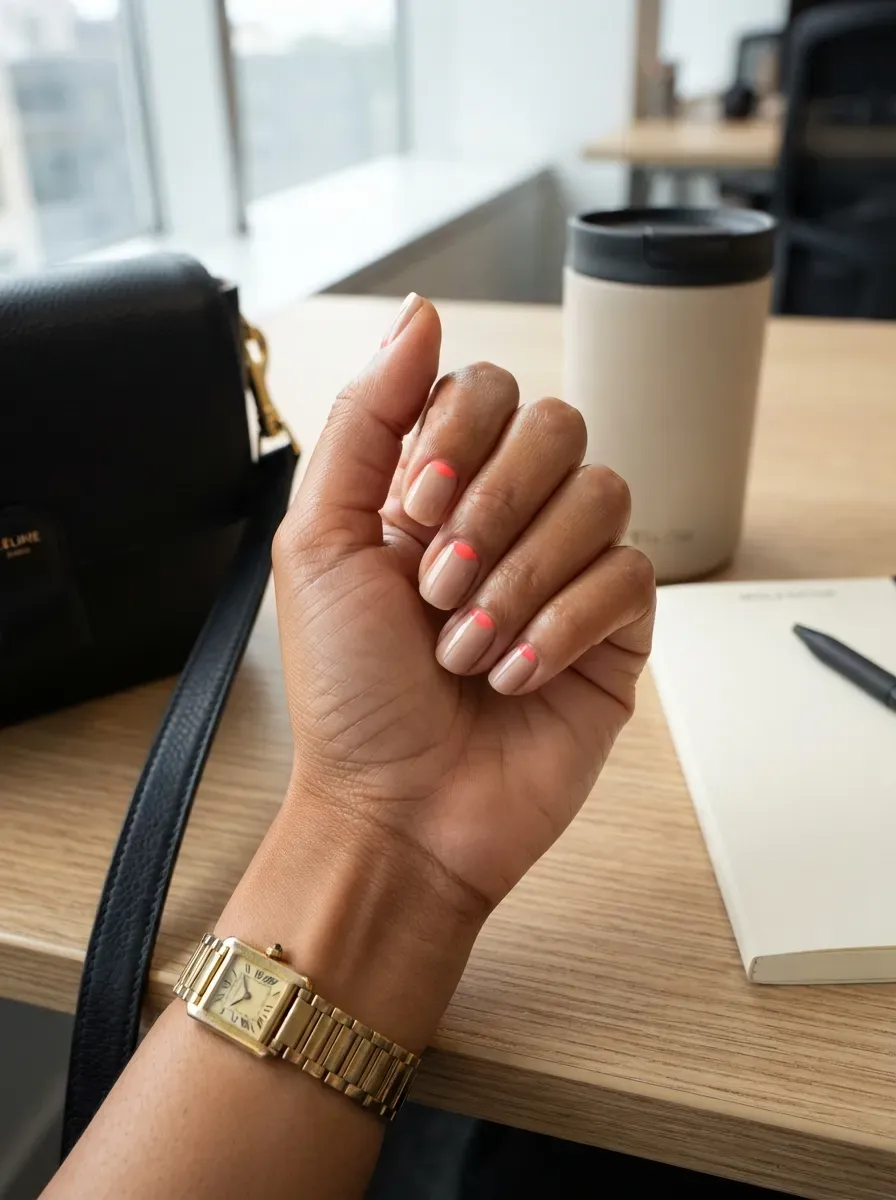 Nude squoval nails with coral half moons near cuticles