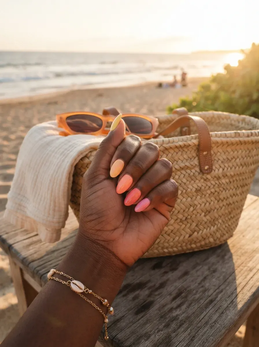 Almond nails blending yellow peach coral and warm pink polish