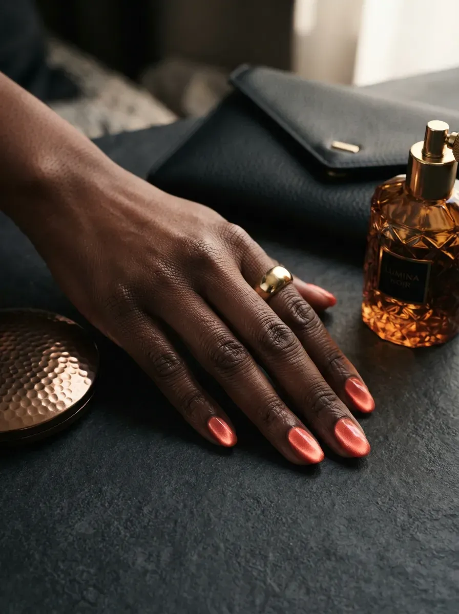 Short almond nails with luminous coral magnetic velvet effect