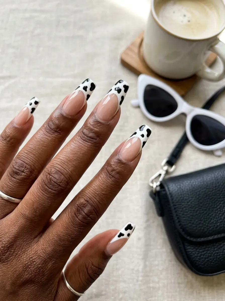 Long coffin nails with black and white cow print French tips
