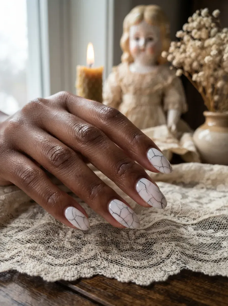 Close-up of glossy white cracked porcelain doll nail art on deep chestnut skin