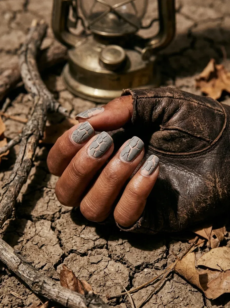 Close-up of grey crackle polish nail texture on warm brown skin