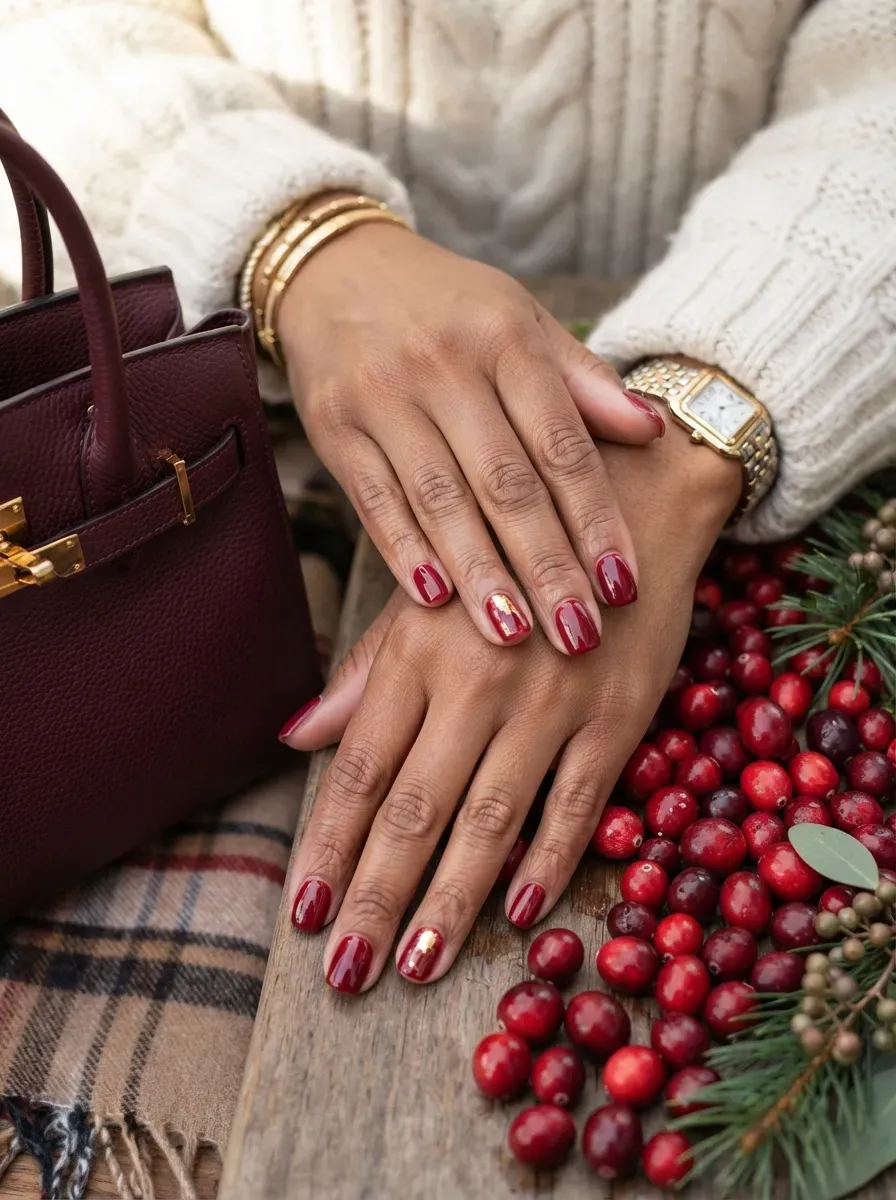 Cranberry red French tips on soft square nails over warm brown skin
