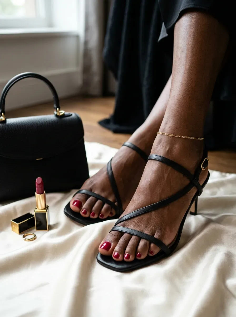 Cranberry red toenails on deep brown skin with classic fall accessories