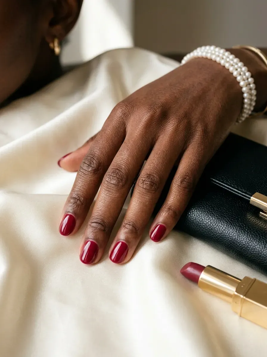 Cranberry red rounded nails on deep brown skin with elegant fall styling