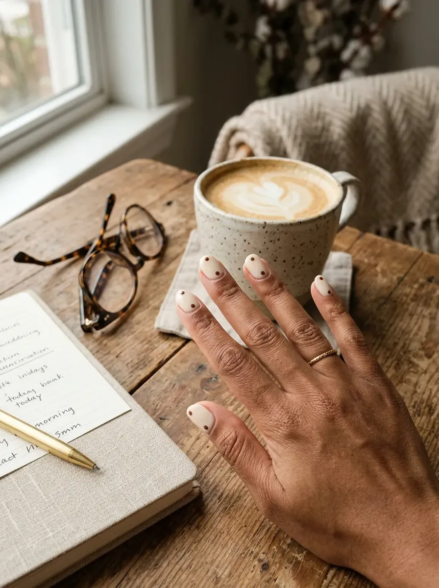 Short cream nails with small chocolate dots on warm brown skin