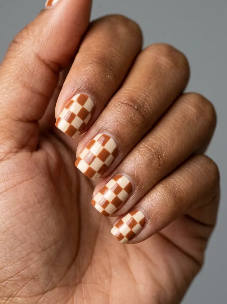 Short square nails with cream and cinnamon checkerboard gel pattern