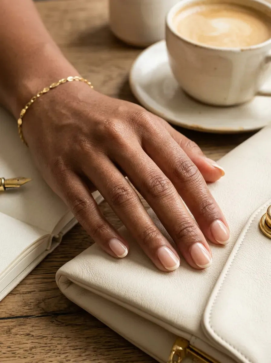 Short sheer nude nails with thin cream French tips on brown skin