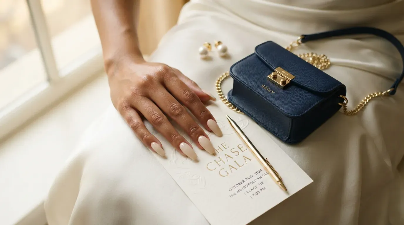 Long coffin nails with cream navy panels and tiny pearl accents