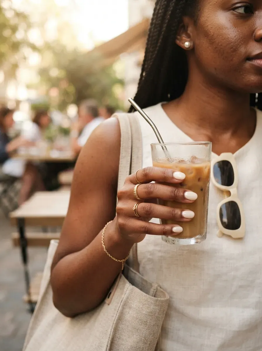 Creamy coconut white nails on rich brown skin with late summer accessories