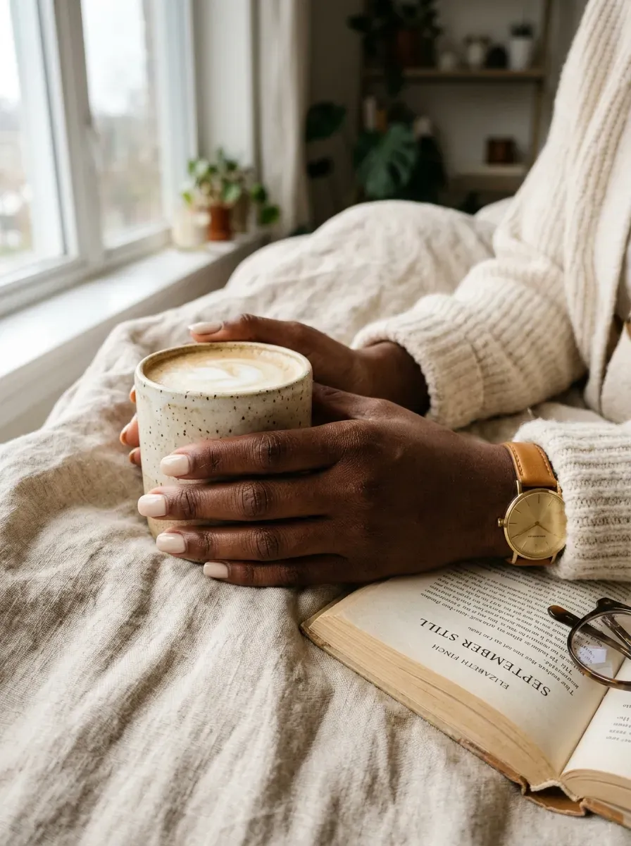 Creamy oatmeal short nails on dark brown skin with linen and coffee props