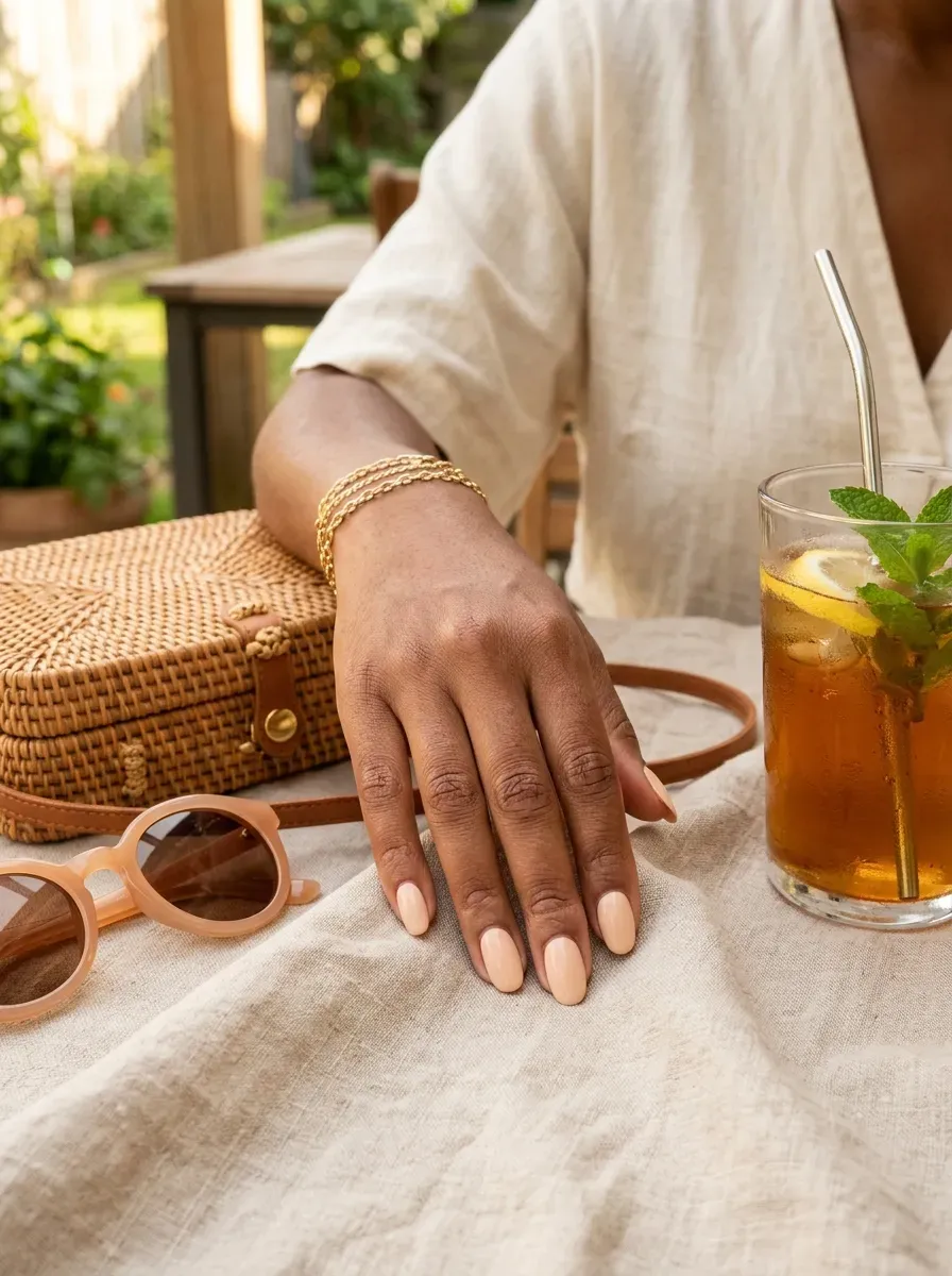 Creamy peach nude nails on warm brown skin with relaxed summer accessories