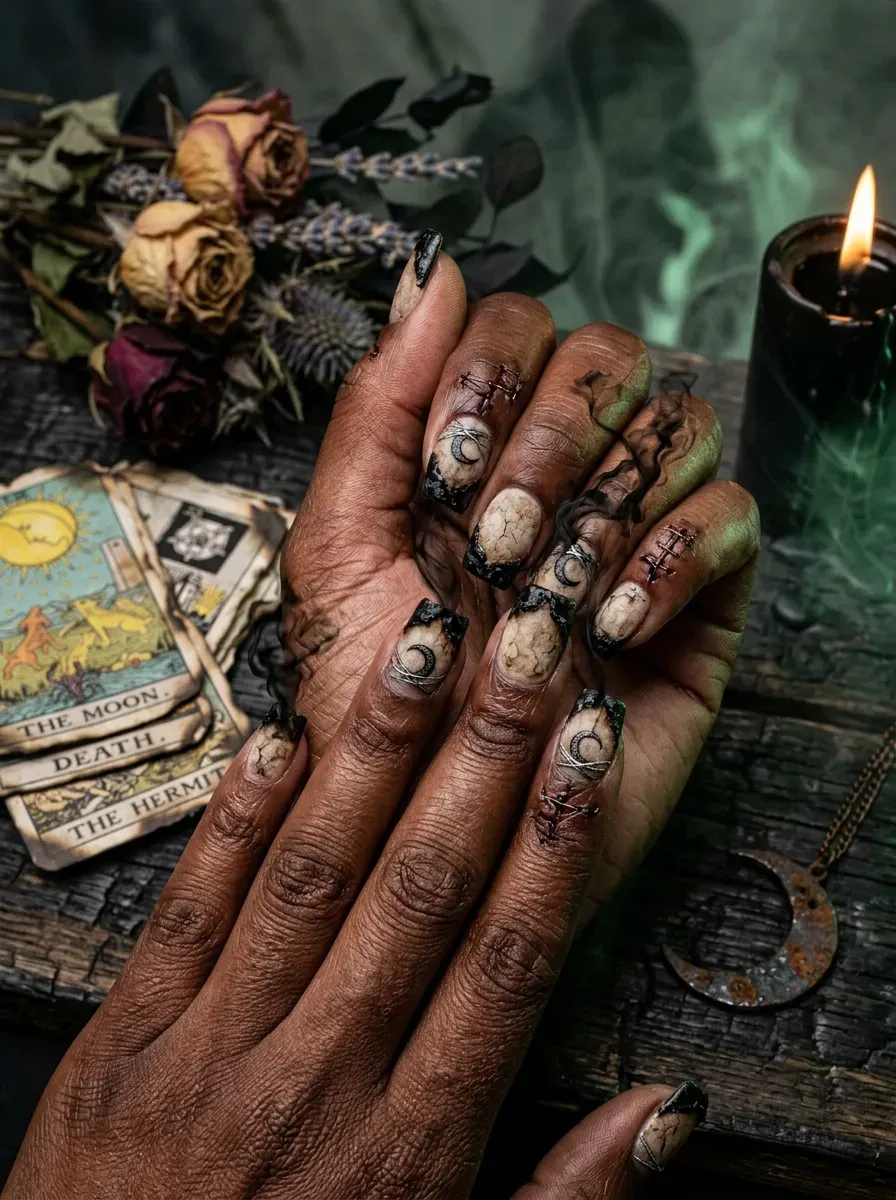 Black French tip nails with crescent moon witch details