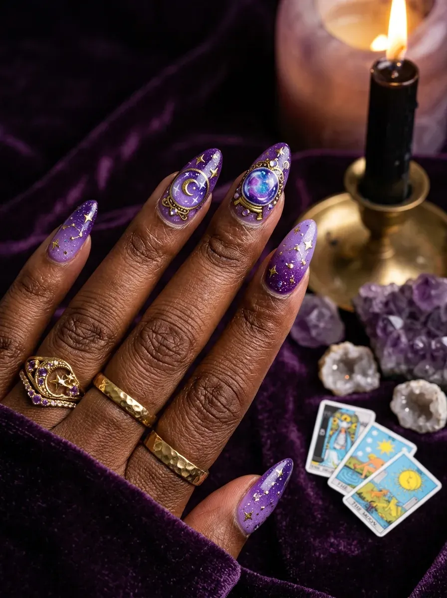 Crystal ball inspired Halloween nail art with purple details