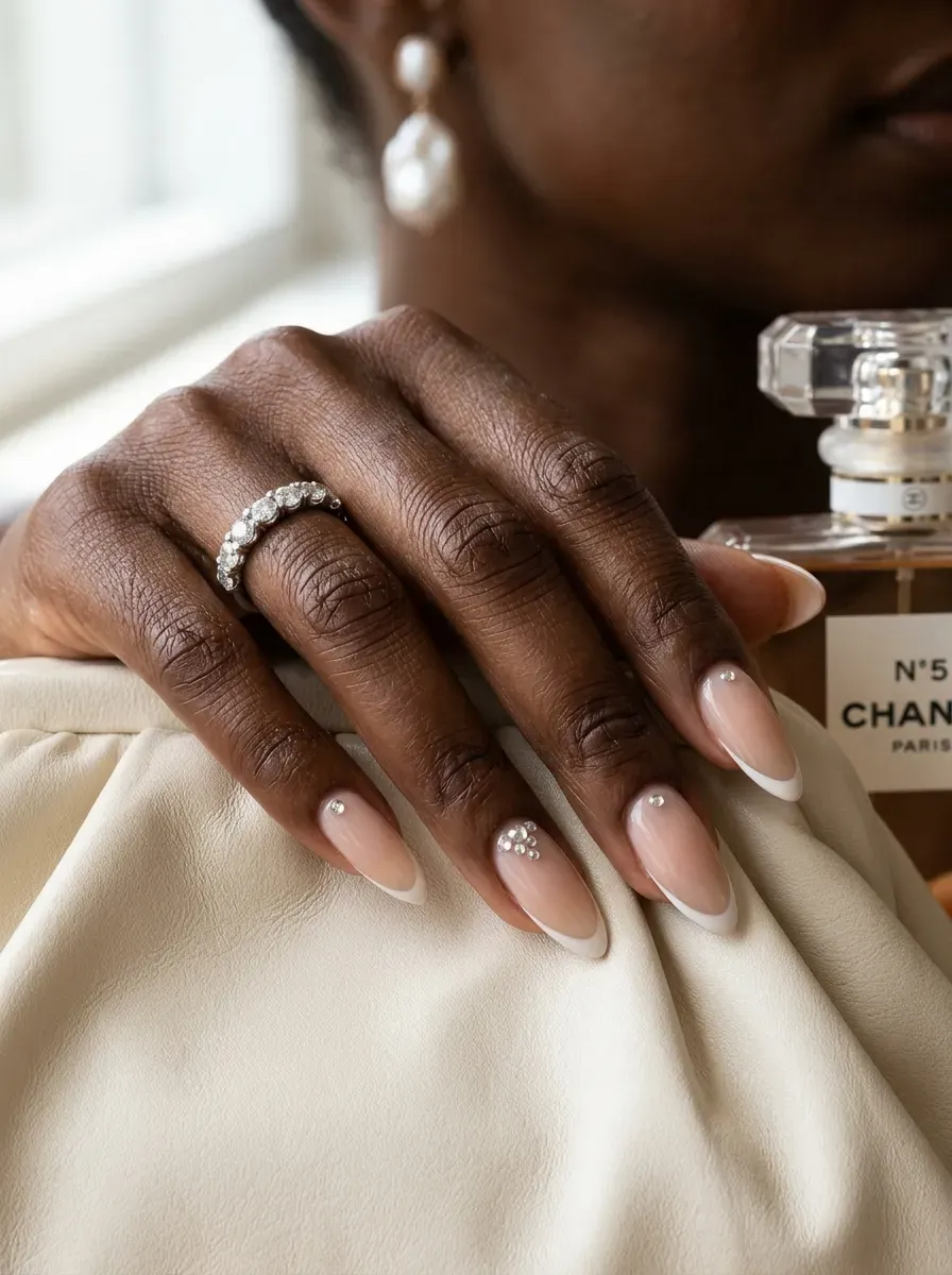 Long French almond nails with small crystal accents on rich dark skin