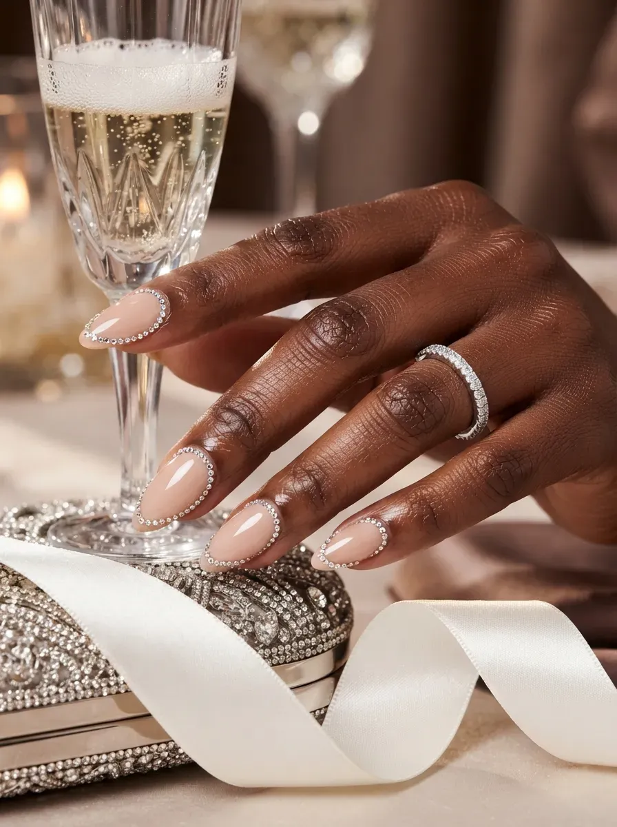 Crystals tracing deep French smile lines on nude almond nails