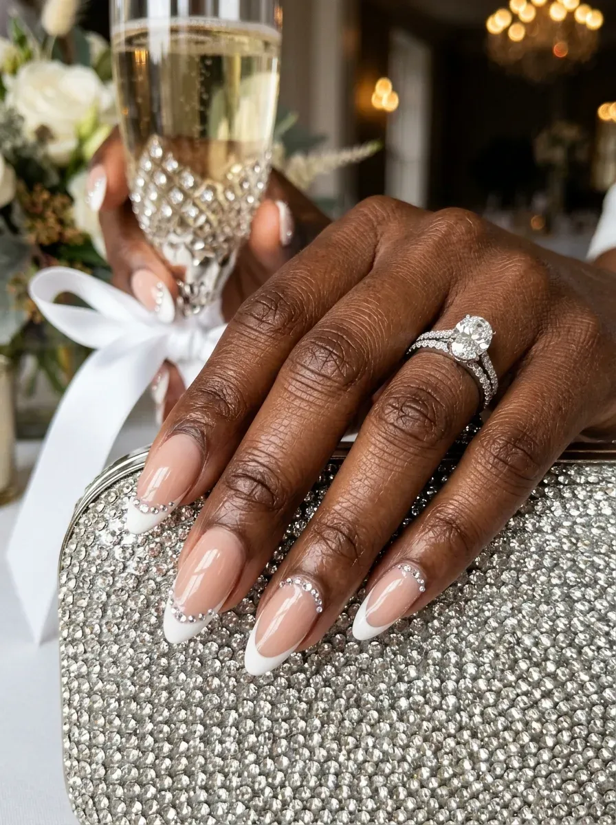 Tiny crystals tracing French tips on almond nude nails with deep skin