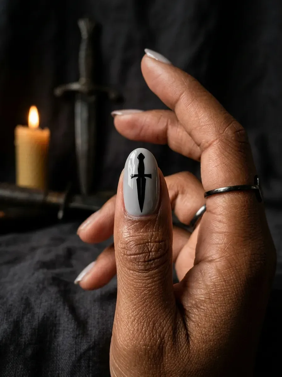 One accent nail with a black dagger silhouette painted pointing down the nail over a pale base on brown skin with warm undertones