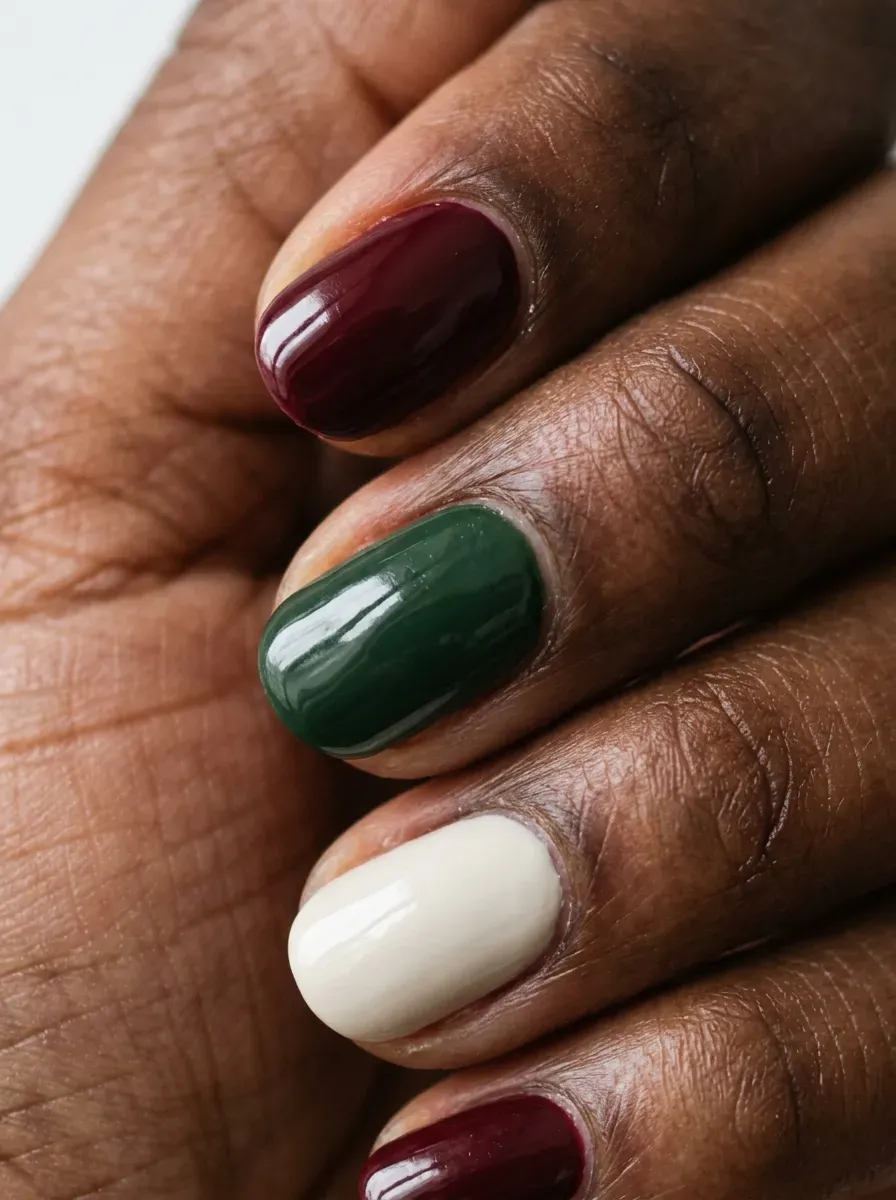 Deep burgundy and forest green nail set in dark academia style