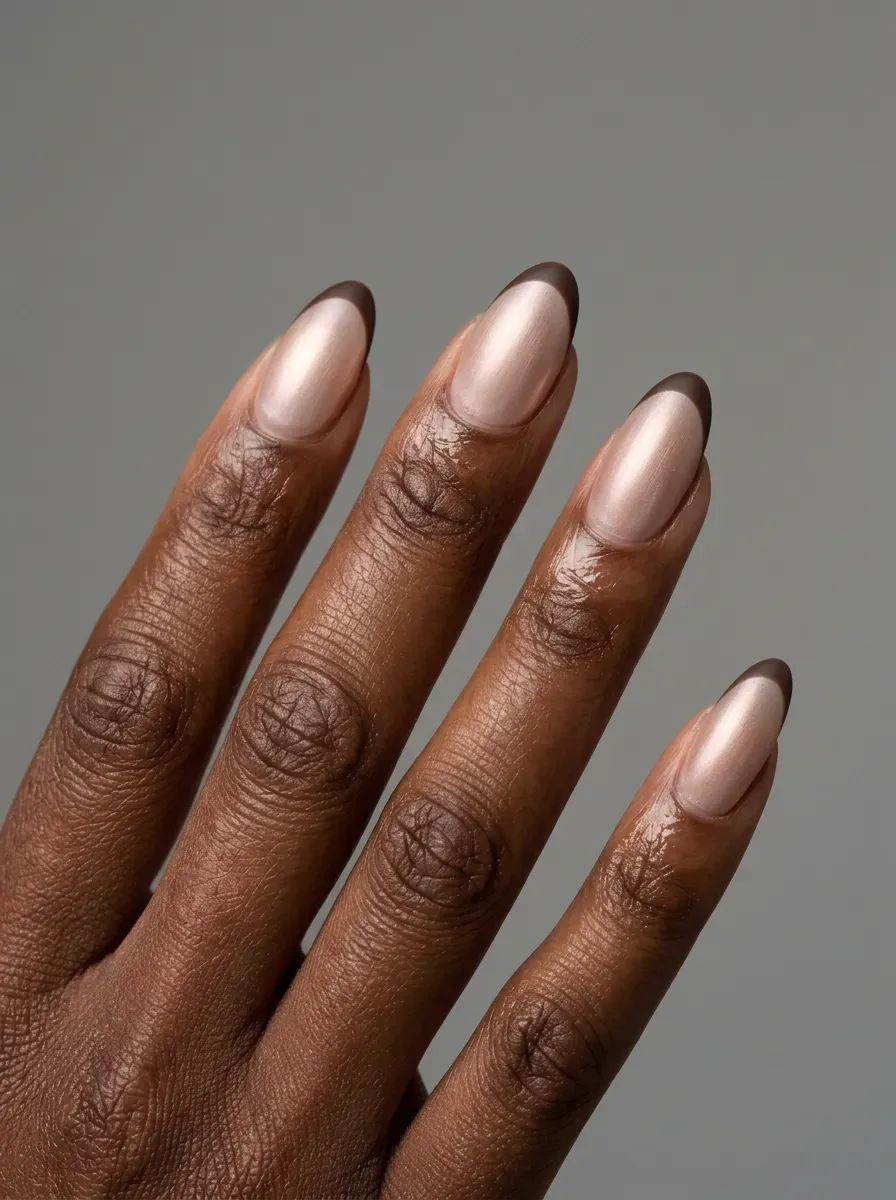 Almond nails with nude chrome bases and dark brown French gel tips