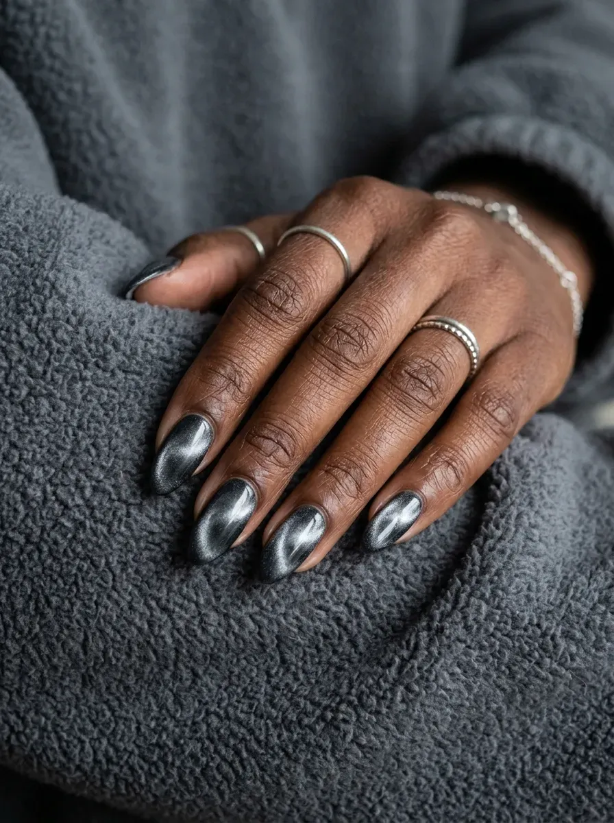 Dark silver and charcoal velvet magnetic gel polish on almond nails