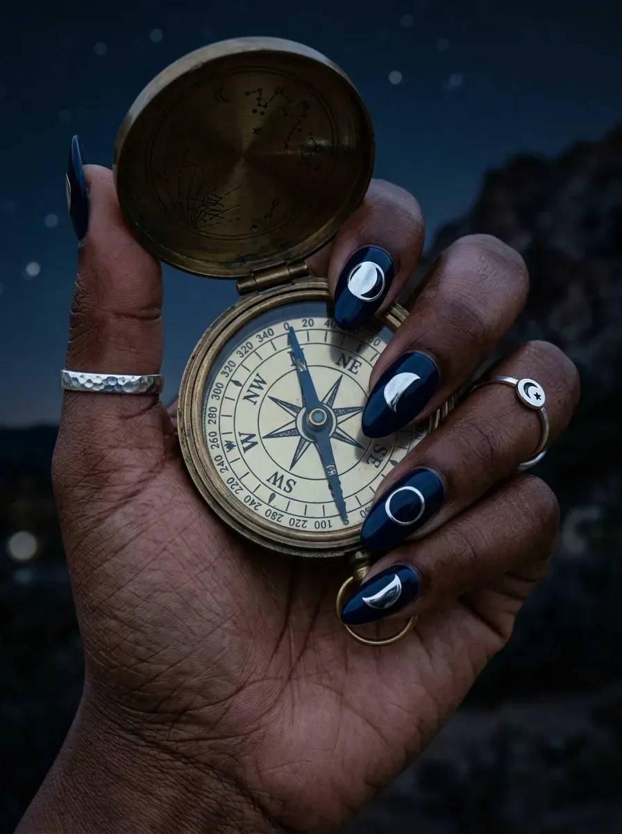 Deep navy blue nails decorated with silver metallic moon phase art