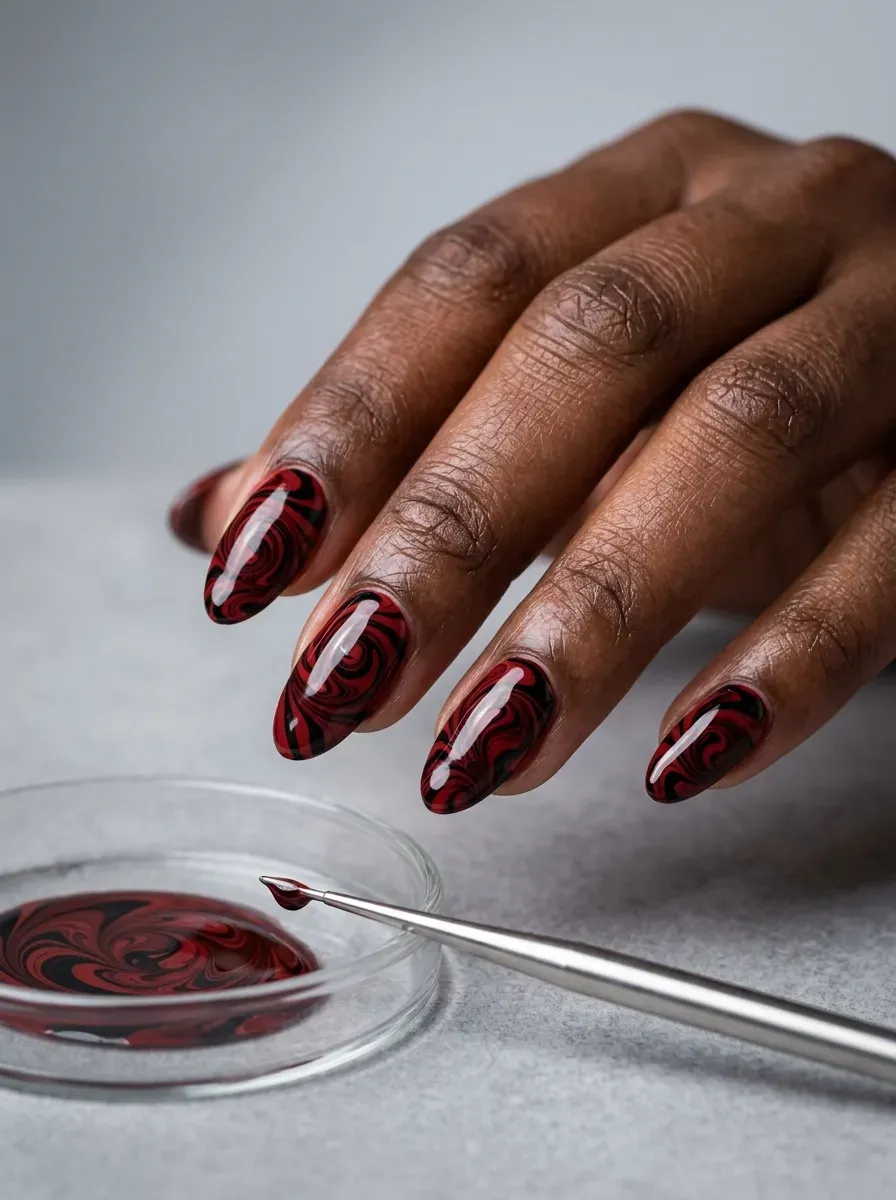 Nails with a marbled swirl pattern combining dark red and black on rich dark skin tone