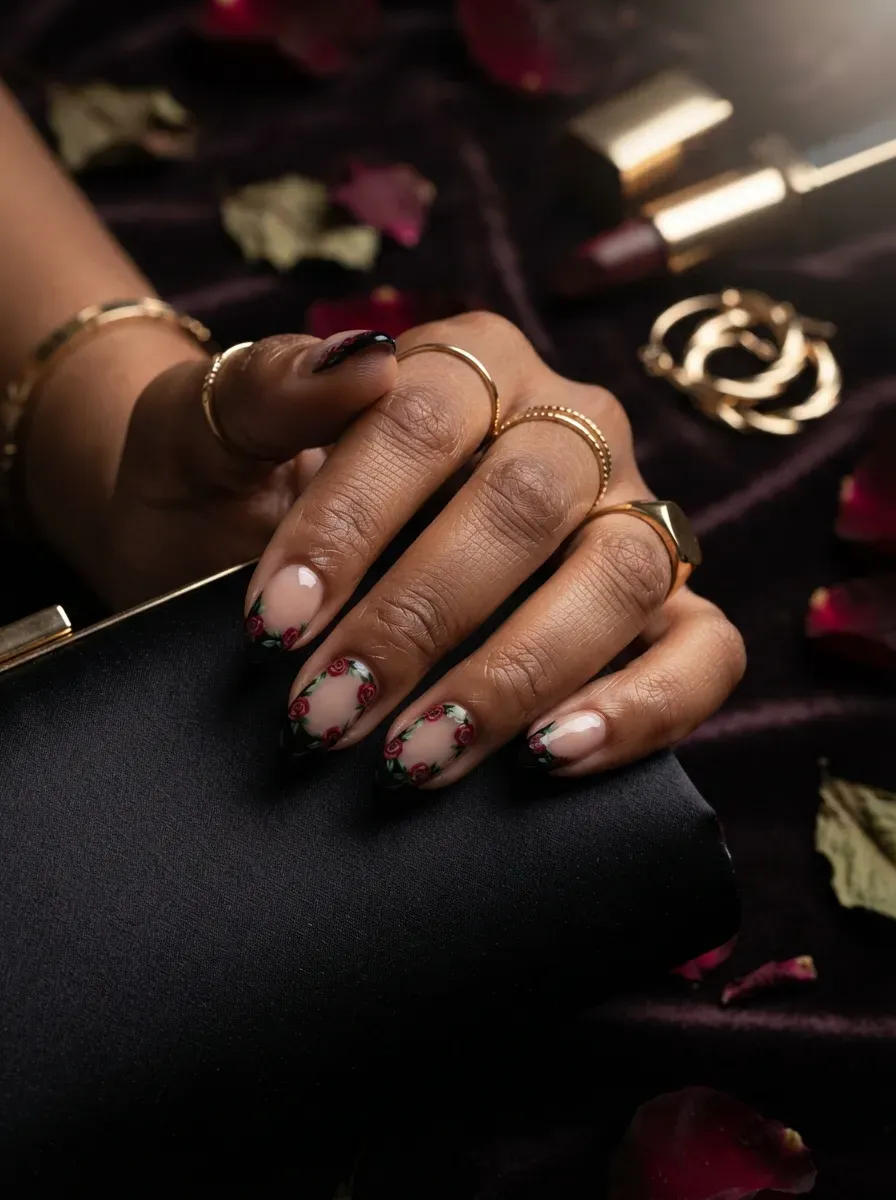 Black French tips with deep red painted roses on brown skin