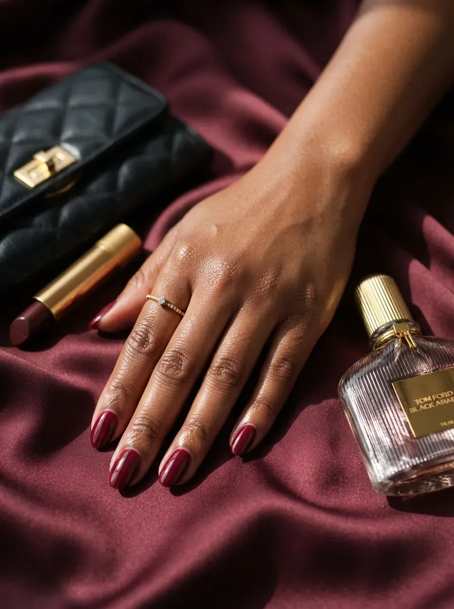 Deep beet red oval nails on brown skin beside burgundy accessories