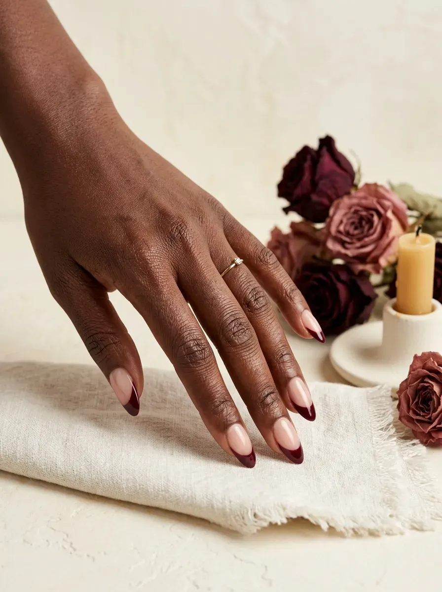Nails with a solid deep burgundy tip over a nude base on rich dark skin tone