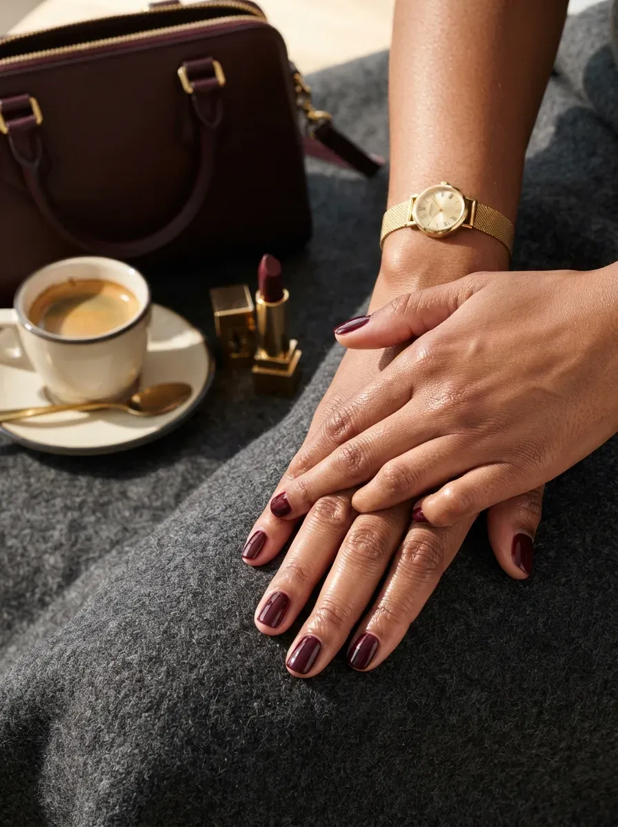 Deep burgundy polish on short squoval nails and medium brown skin