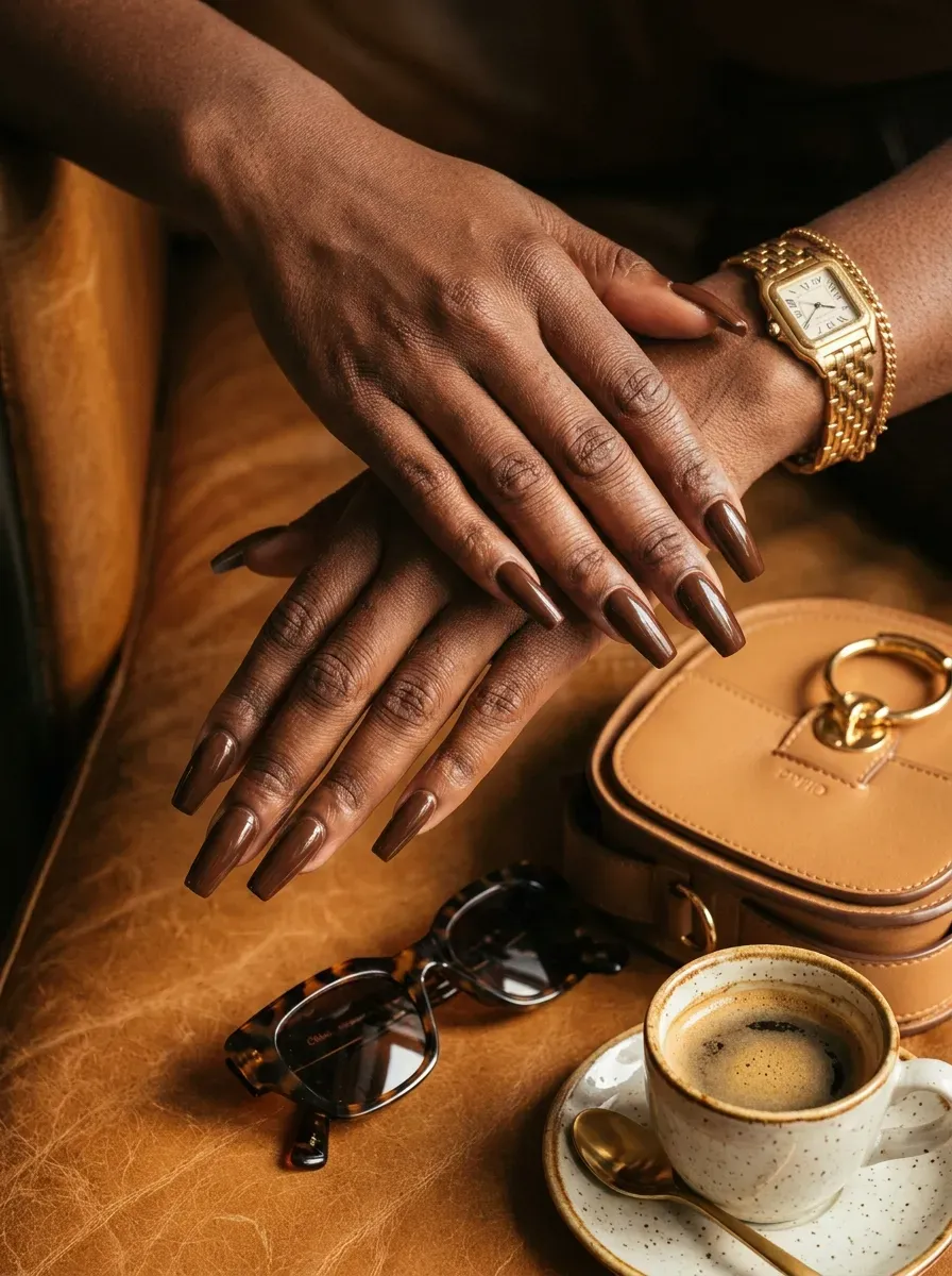 Long chocolate brown coffin nails against rich dark skin and caramel accessories