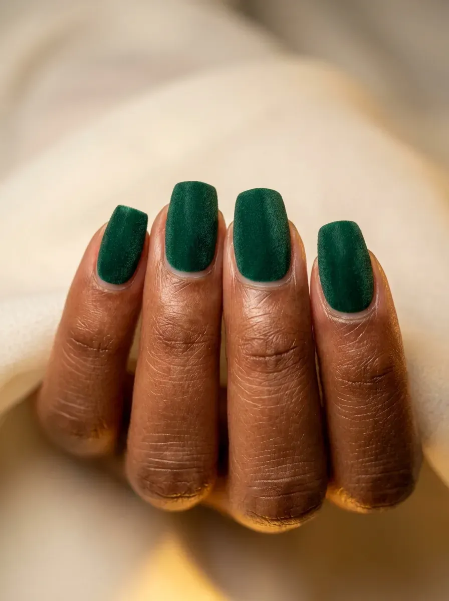 Deep emerald green nails with a soft velvet-textured finish