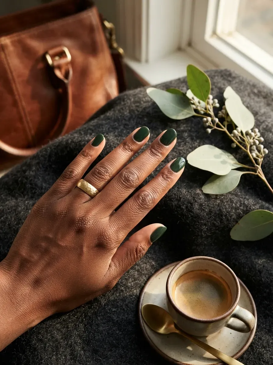 Deep forest green short nails on rich dark skin with gold accessories