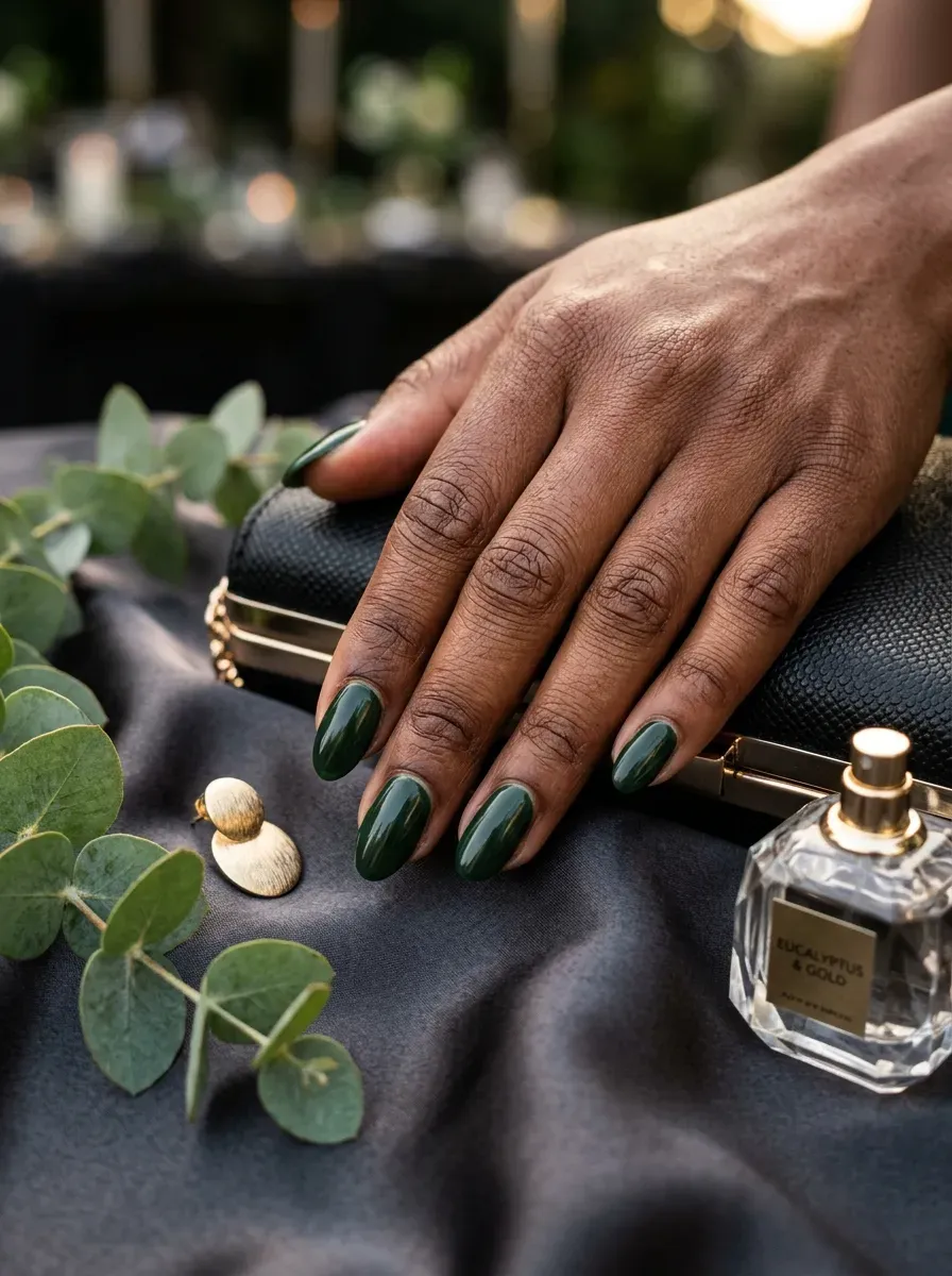 Deep forest green oval nails on rich dark skin with gold accessories
