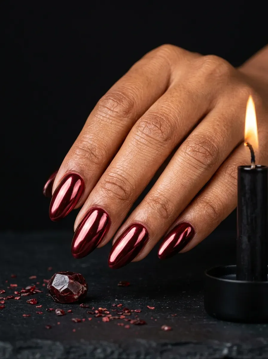 Nails buffed to a mirror deep garnet red chrome finish on warm brown skin
