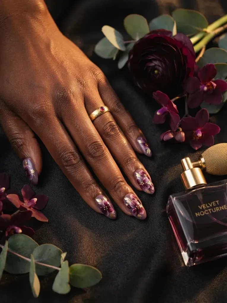 Deep lavender nails with plum flowers and subtle metallic botanical accents