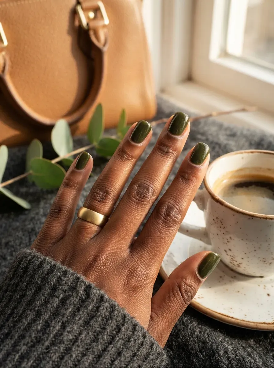 Deep olive glossy nails on deep brown skin with earthy accessories