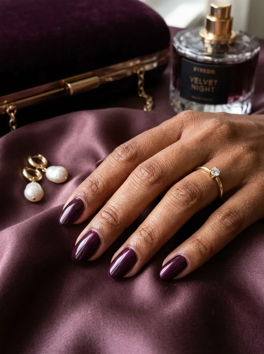 Deep plum oval nails on brown skin with elegant fall wedding styling
