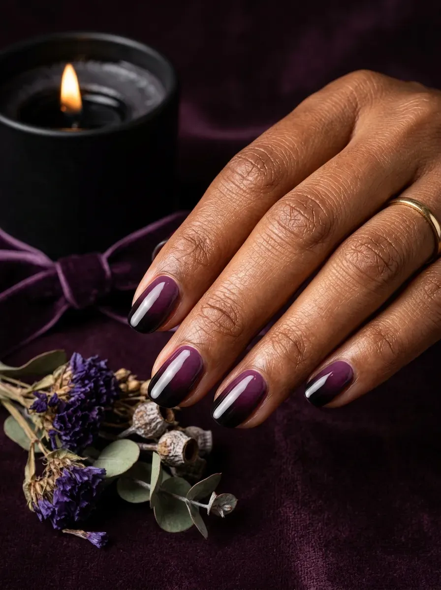 Nails with a matching deep plum to black ombre gradient on warm brown skin