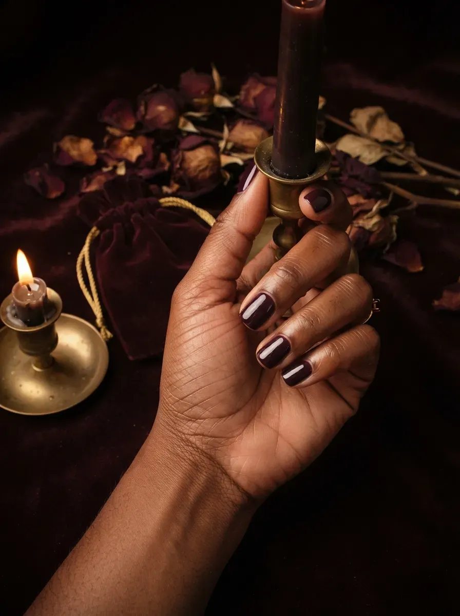 Short square nails in a glossy deep plum polish on deep brown skin
