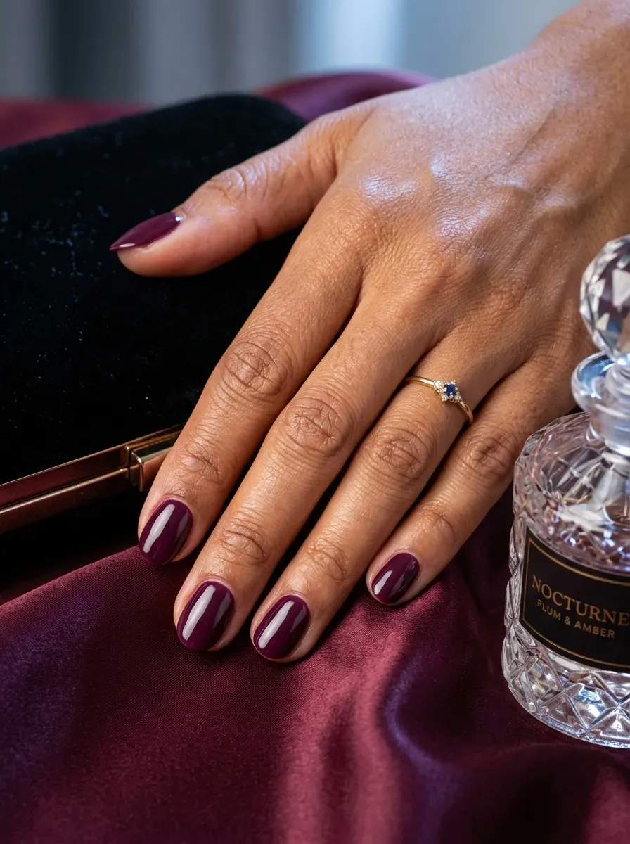 Short oval nails coated in deep glossy plum wine polish