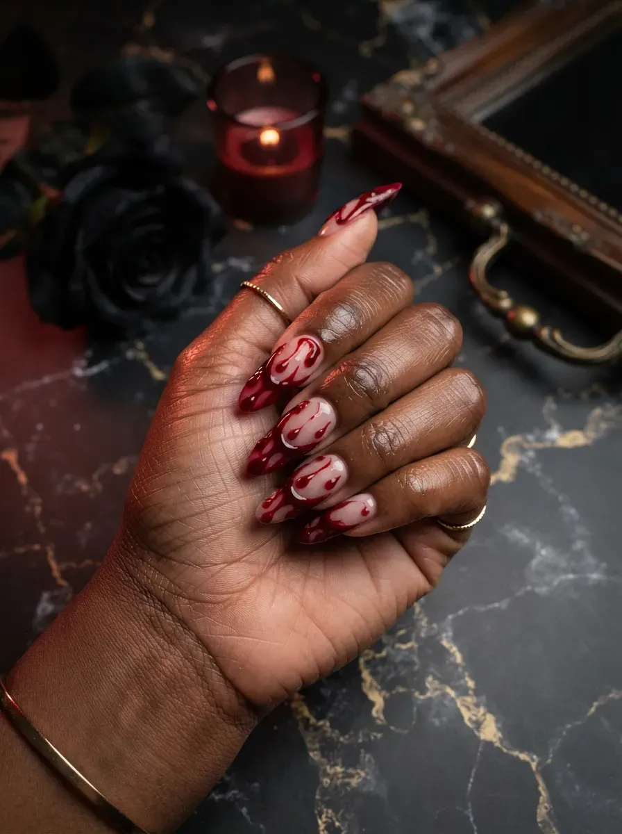 Close-up of thick dripping deep red gore French tip nails on rich dark skin tone