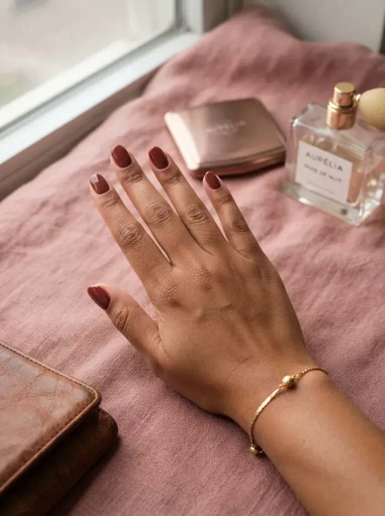 Deep rosewood nails on brown skin with muted pink and brown accessories