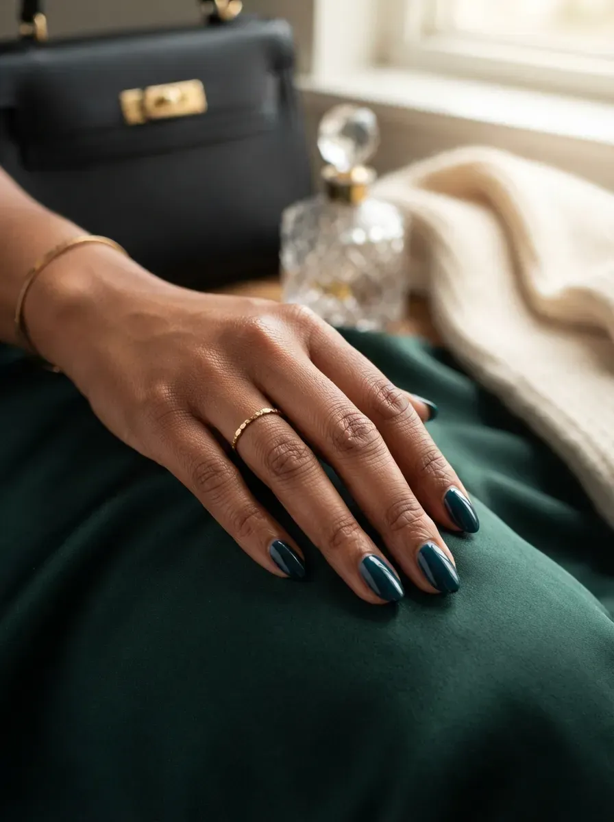 Deep teal oval nails on brown skin with dark green accessories