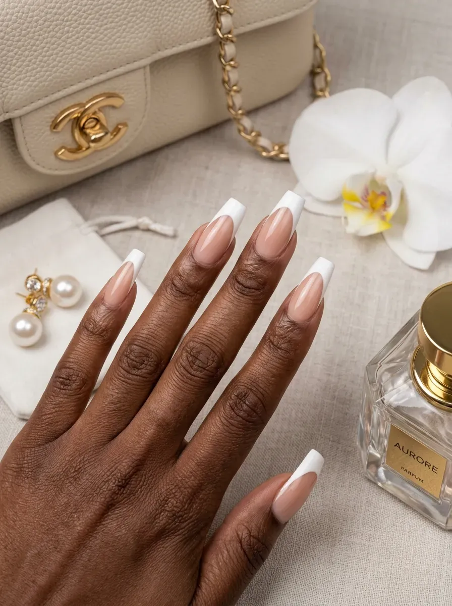 Long coffin nails with deep white French tips on deep brown skin