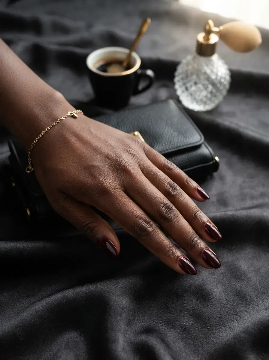 Deep wine burgundy oval nails on deep brown skin with evening accessories